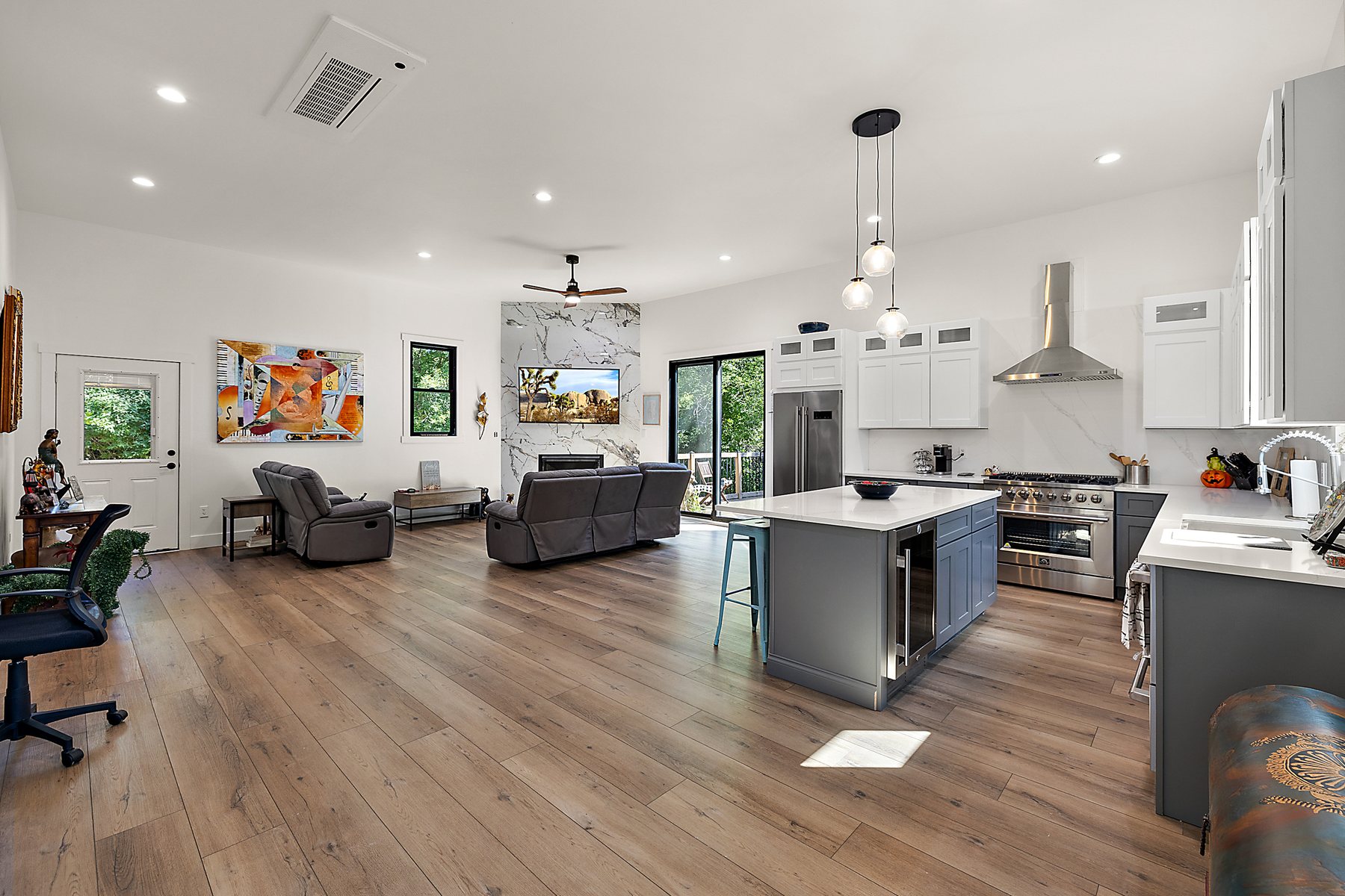 A bright finished kitchen and living space