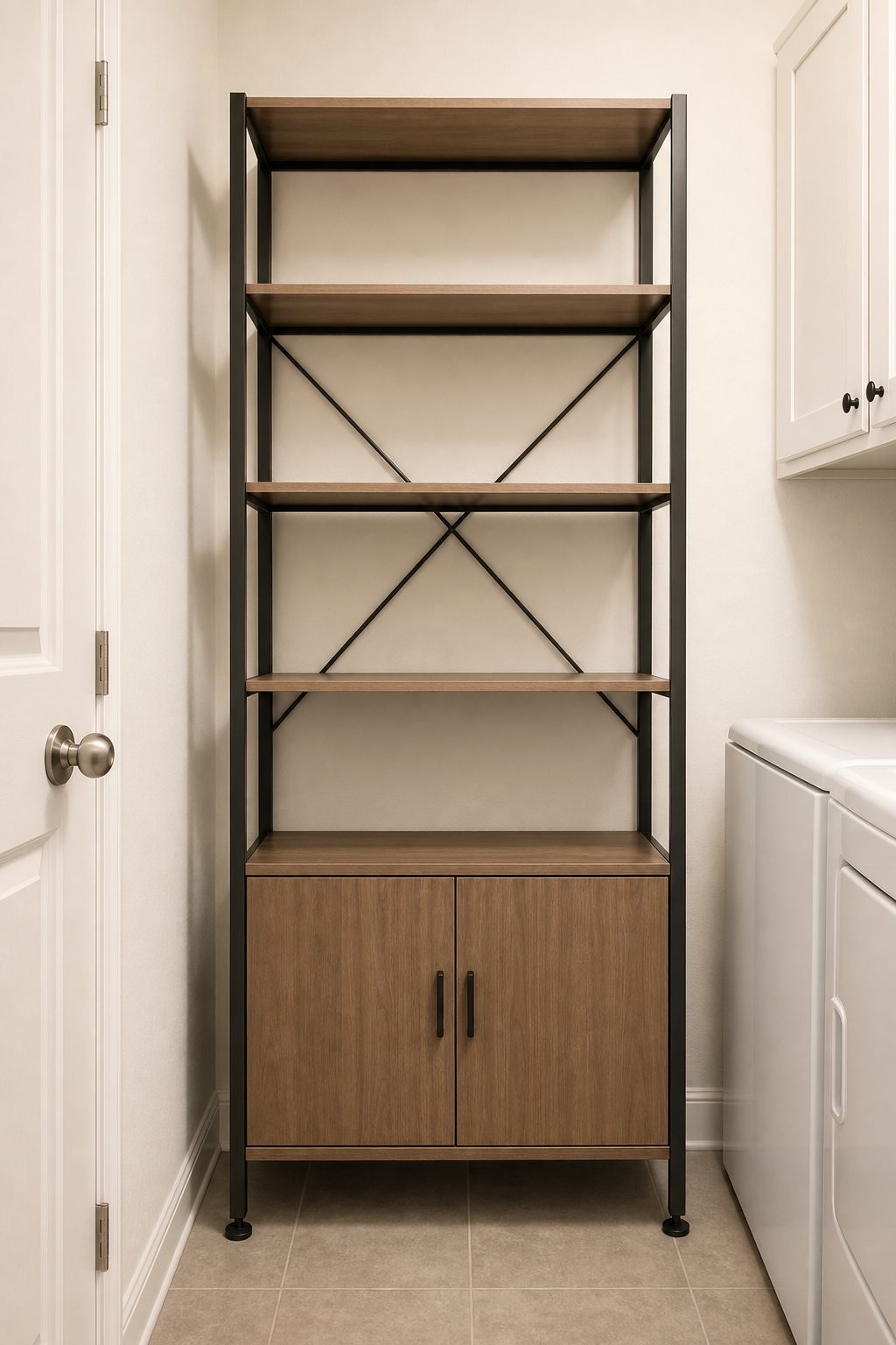 A completed storage unit aligned in a small utility room.