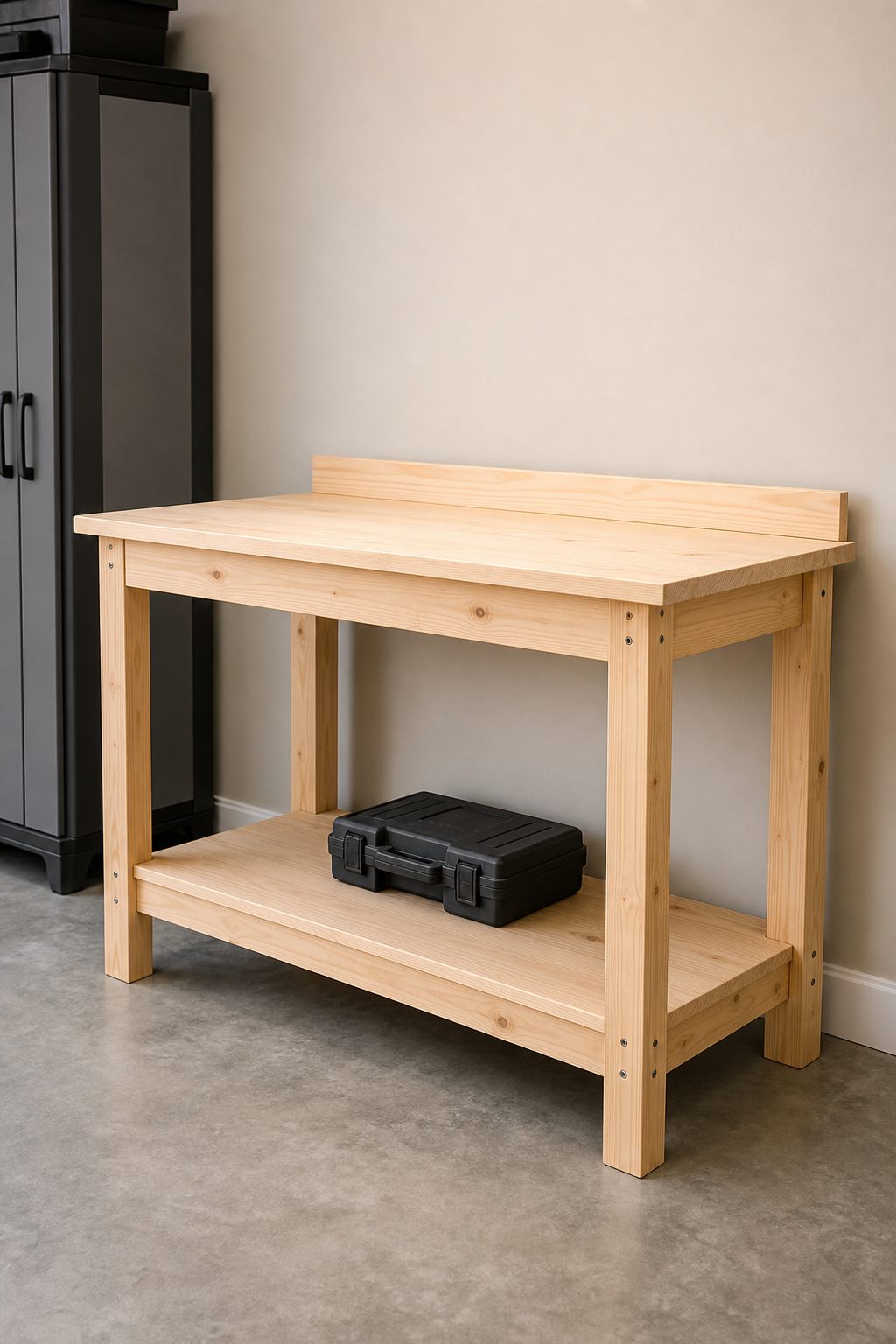 A sturdy assembled workbench with a clean lower shelf.