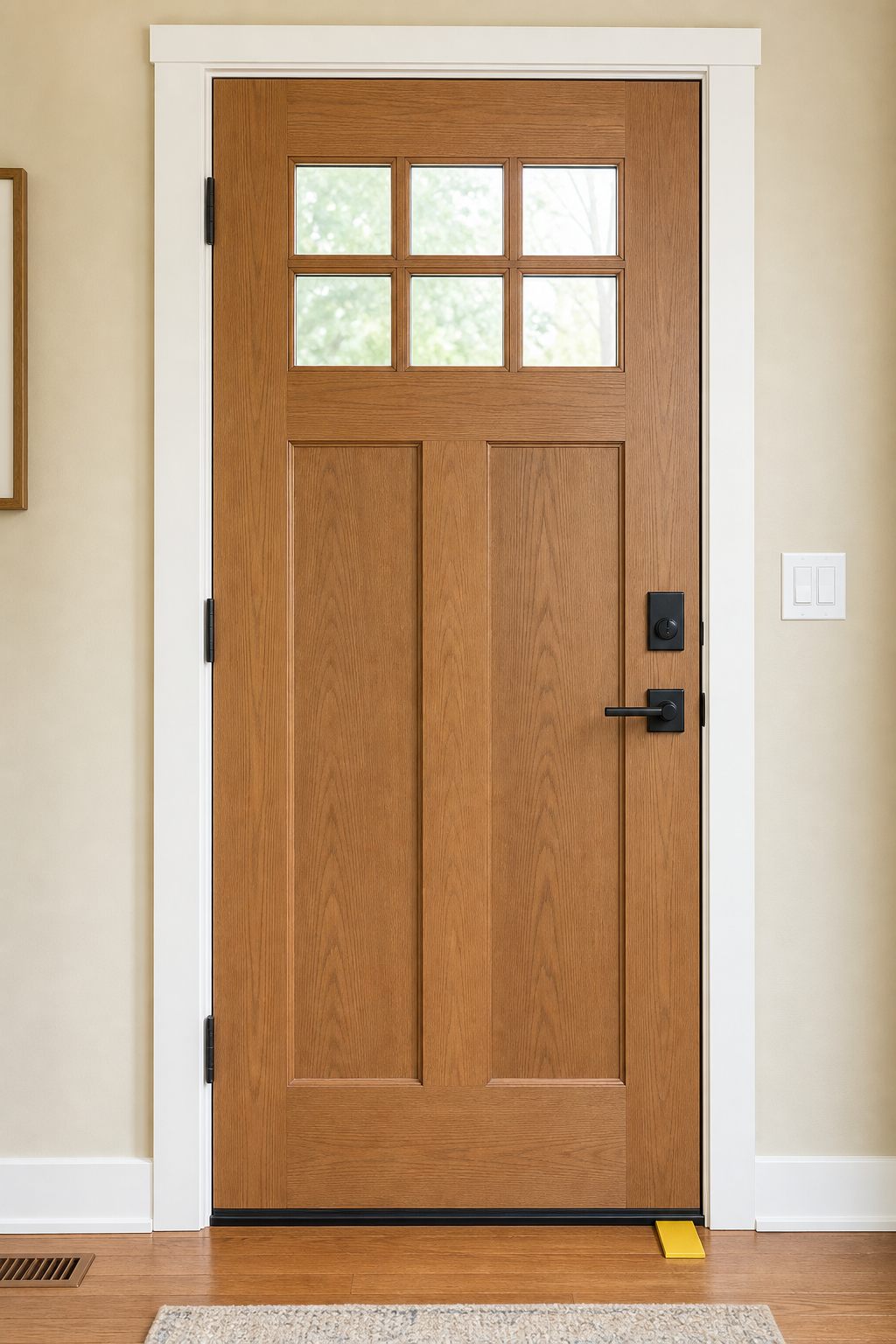 A clean entry door with aligned hardware and threshold.