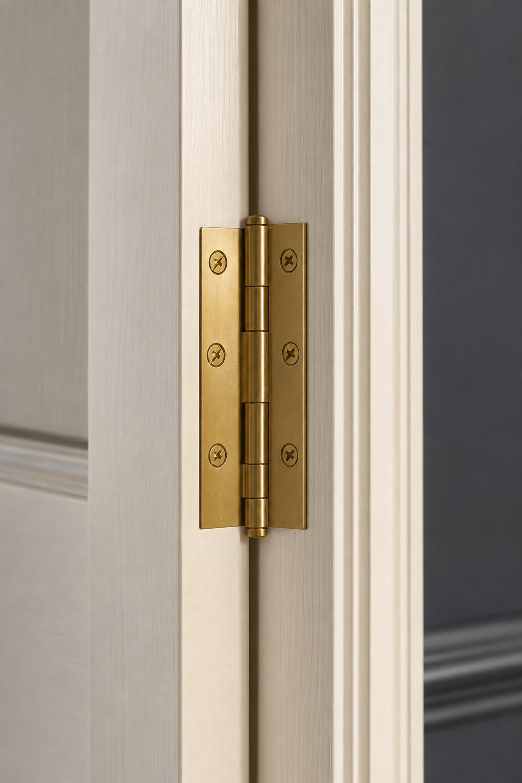 A properly seated hinge and consistent door reveal.