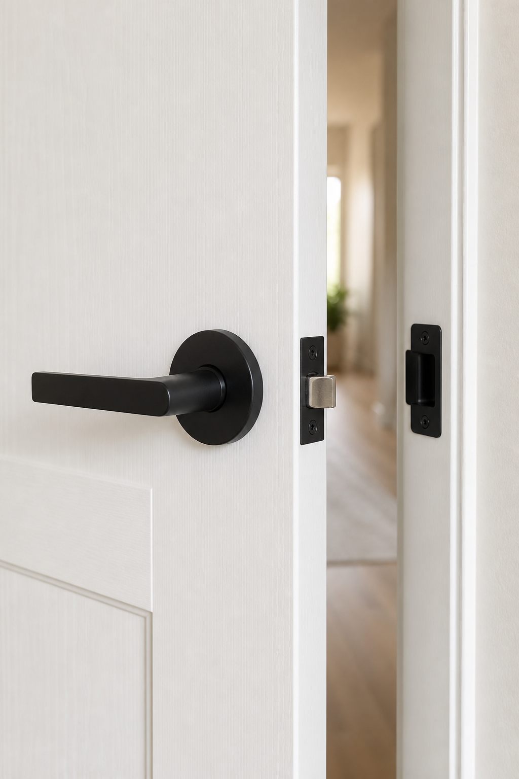 A finished lever, latch, and strike-plate detail.