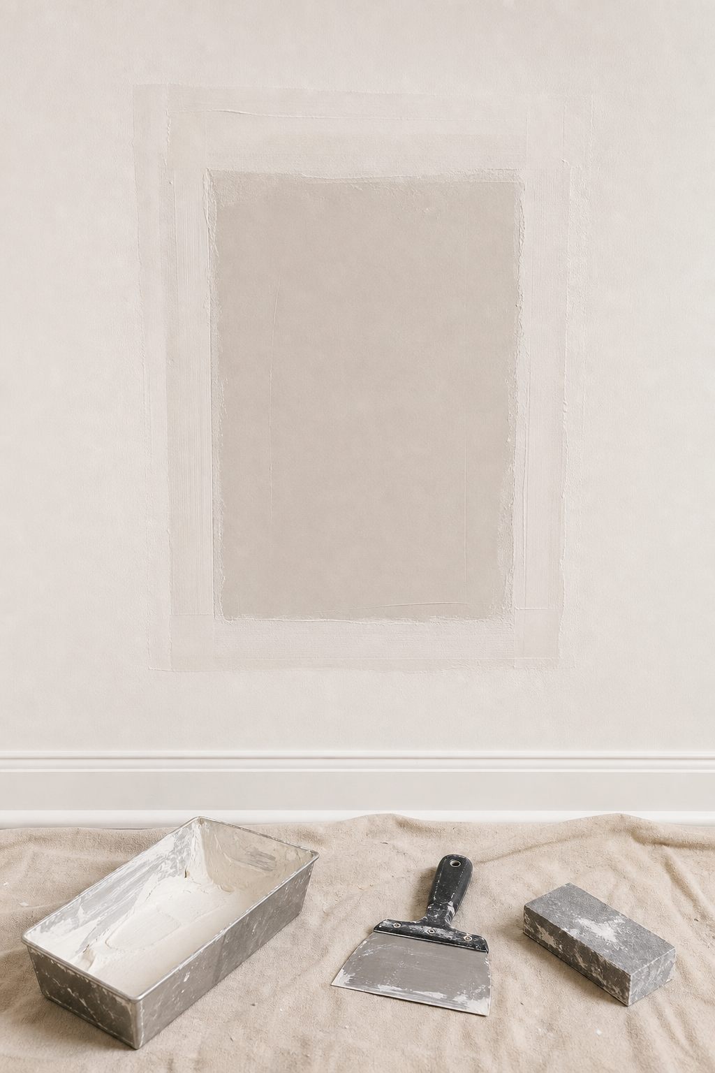 A controlled rectangular patch with taped, compounded seams.