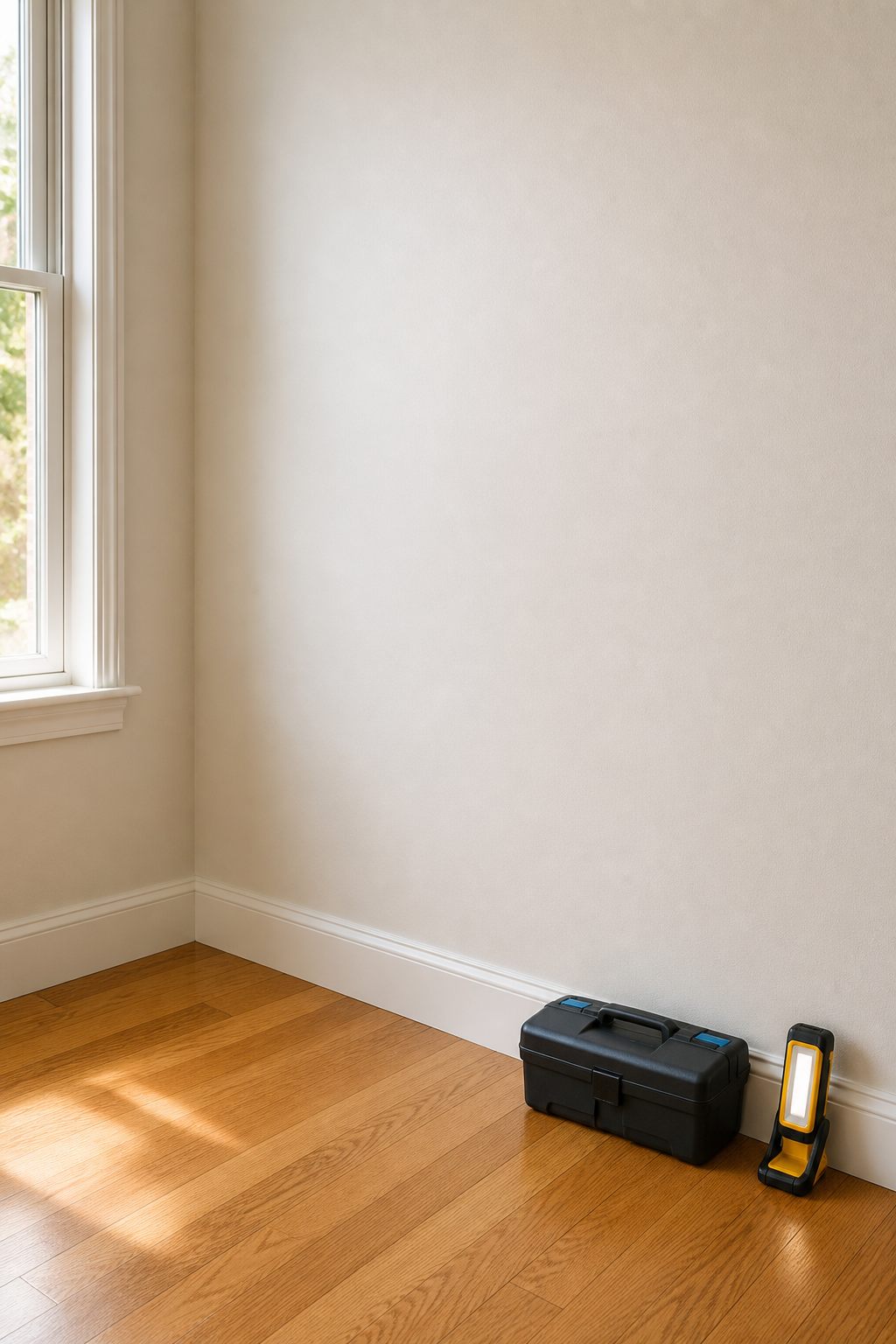A smooth finished wall with the compact repair kit cleared below.