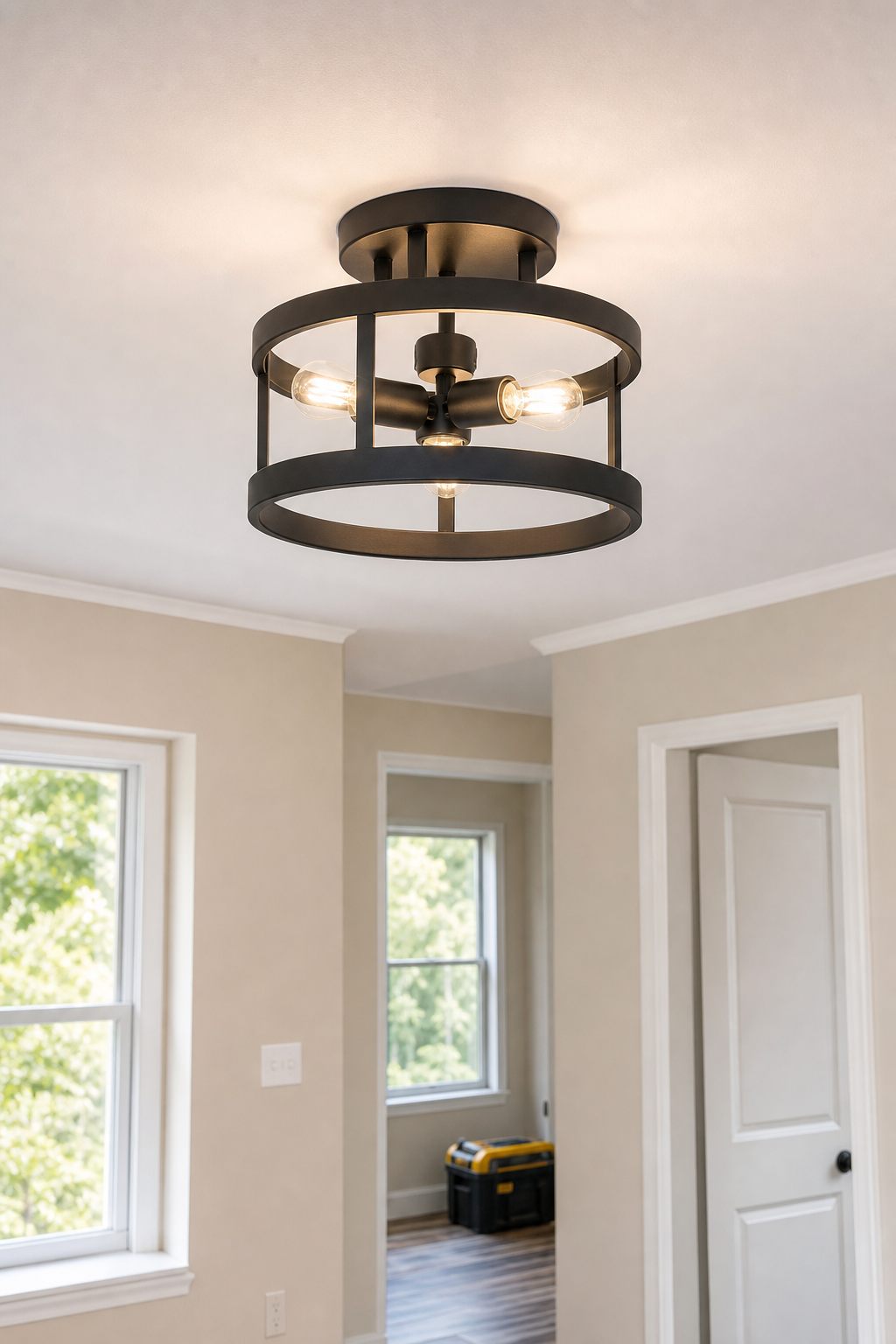 A finished ceiling fixture installation in a practical home setting.