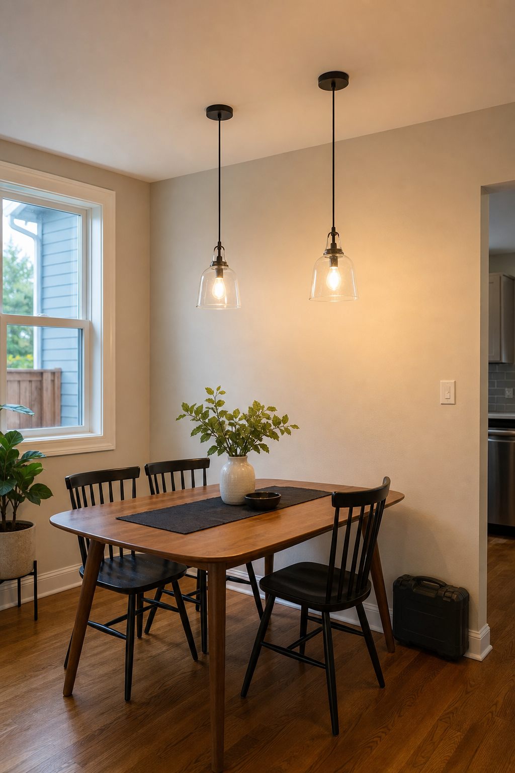 Evenly installed pendant lighting in a small dining space.