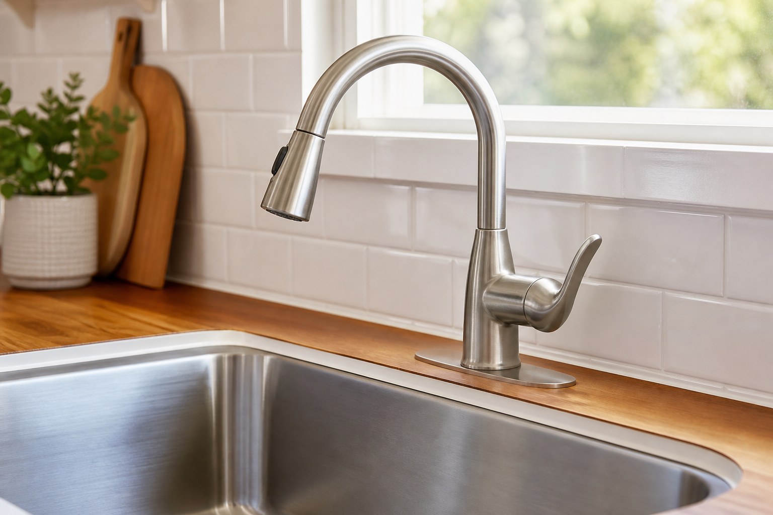 A finished faucet and sink fixture detail.